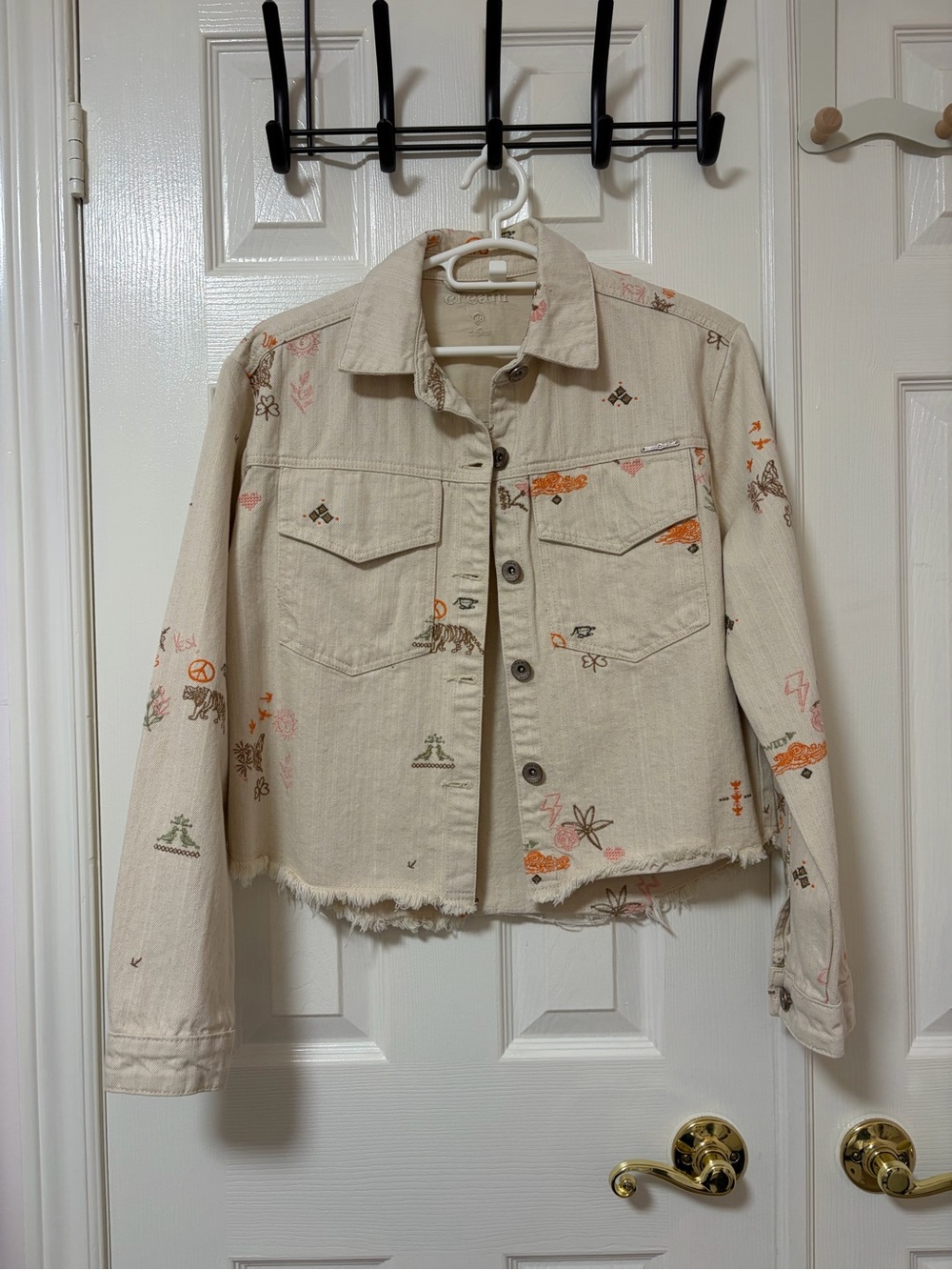 Embroidered Beige Cropped Jean Jacket -